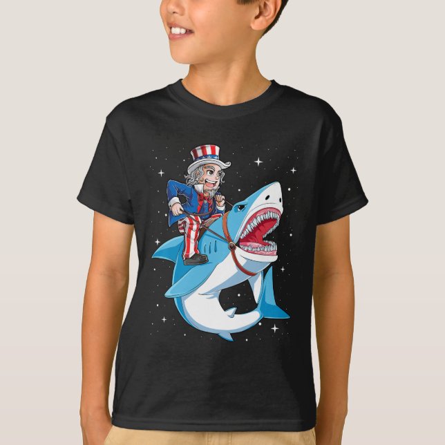 Uncle Sam Riding Shark T Shirt 4. Juli Kids BO (Vorderseite)