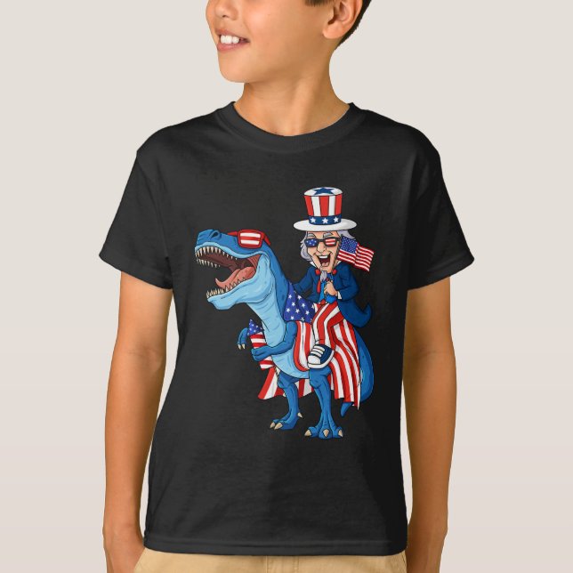 Uncle Sam riding T Rex 4. Juli Jungs Mädchen Kinde T-Shirt (Vorderseite)