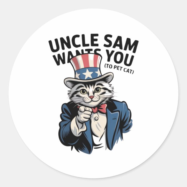 Uncle Sam Will dir (zu Pet Cat) - Patriotische Kat Runder Aufkleber (Vorderseite)