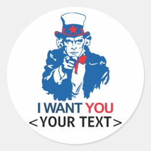 UNCLE SAM WOLLTE SIE,<YOUR TEXT> RUNDER AUFKLEBER