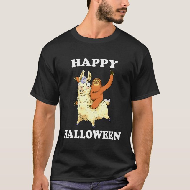 und Niedlich Happy Halloween Sloth Riding Llama T-Shirt (Vorderseite)