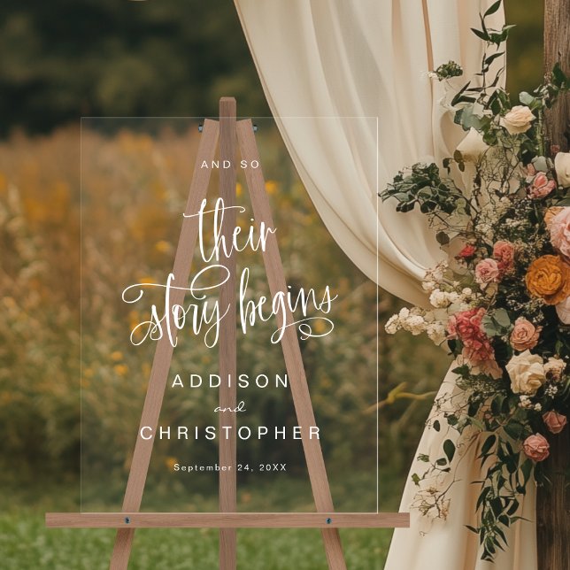 Und so beginnt ihre Geschichte mit dem Begrüßungss Acrylschild (Shown on an 18" x 24" acrylic sign)