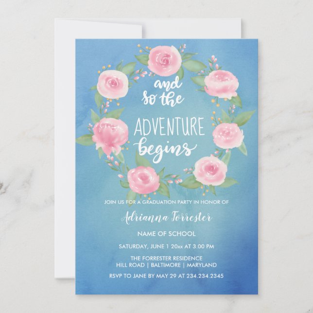 Und so fängt das Abenteuer | Aquarell-Absolvent an Einladung (Vorderseite)