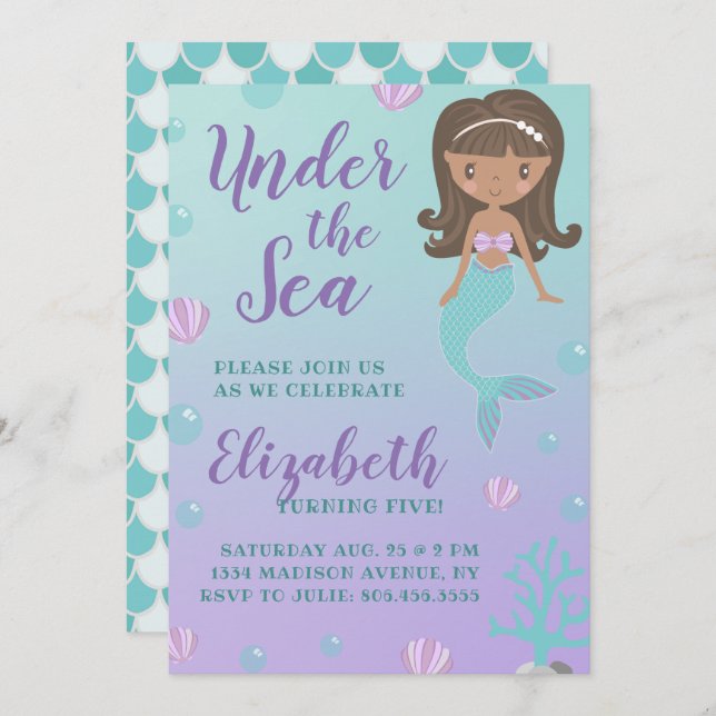 "Under Sea" Meerjungfrau zum Geburtstag Einladung (Vorne/Hinten)