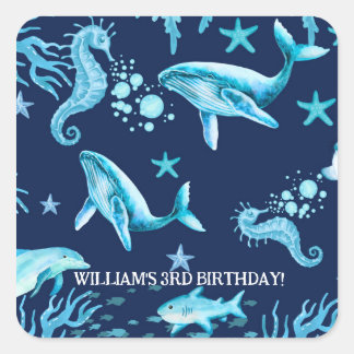 Under the Sea birthday invitation, ocean boy Quadratischer Aufkleber