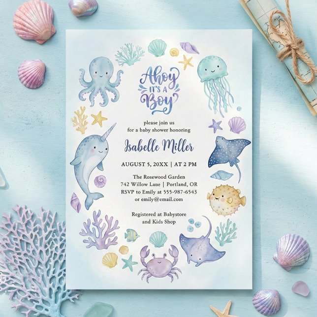 Under the Sea Blue Ahoy It's a Boy Baby Shower Einladung (Under the Sea Blue Ahoy It's a Boy Baby Shower Invitation)