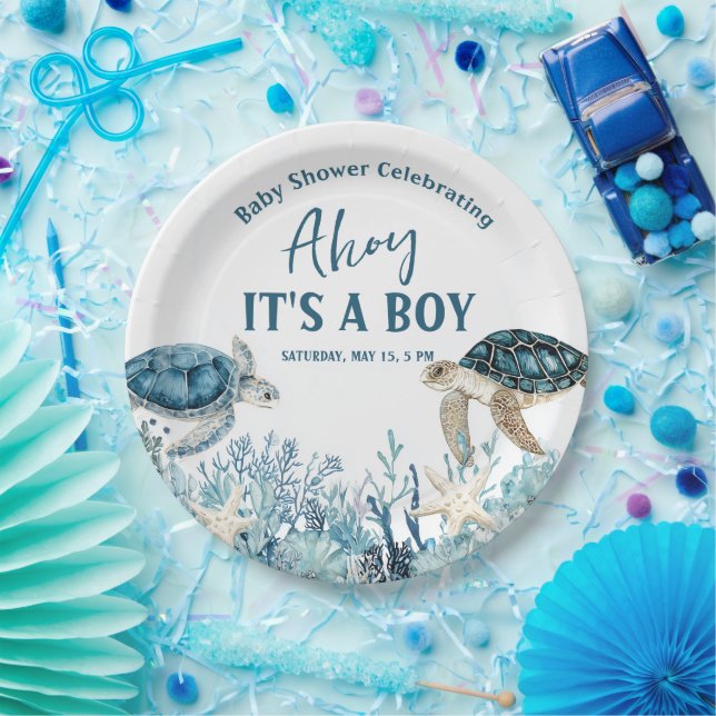 Under the Sea Blue Ahoy It's a Boy Baby Shower Pappteller (Party)