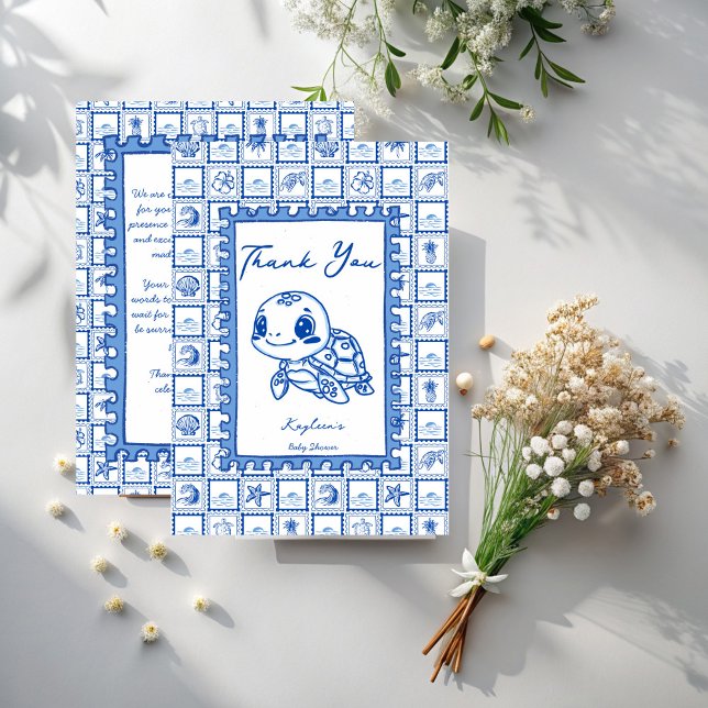 Under the sea blue cute turtle baby shower dankeskarte (Under the sea blue cute sea turtle baby shower thank you cards post stamp hand drawn sketch turtle)