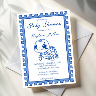 Under the sea blue cute turtle baby shower einladung