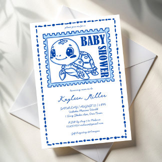 Under the sea blue cute turtle baby shower einladung