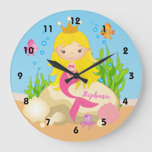 Under the Sea Cute Blonde Mermaid Custom Name Große Wanduhr