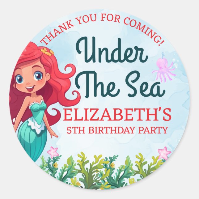 Under the sea Cute Mermaid Birthday Girl Runder Aufkleber (Vorderseite)