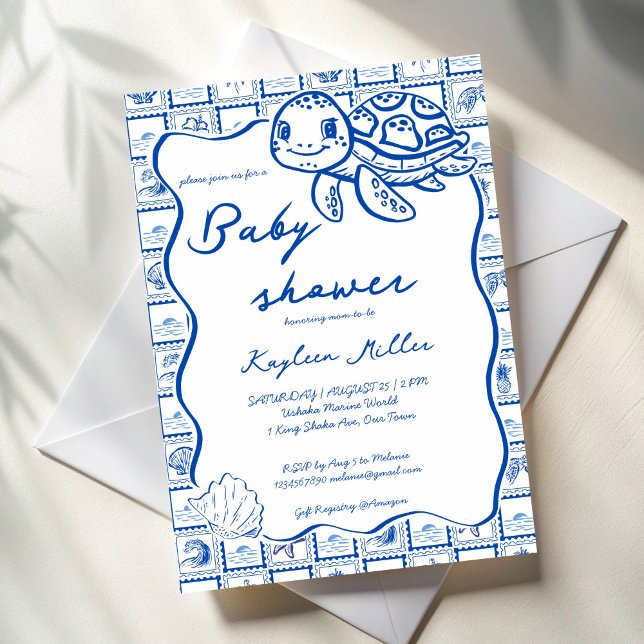 Under the sea cute turtle blue baby shower einladung (Under the sea cute turtle blue post stamps wavy border baby shower invitation cards template)