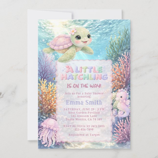 Under the Sea Cute Turtle Girl Baby Shower Einladung (Vorderseite)