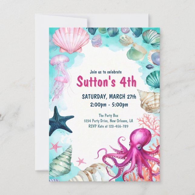 Under the Sea Girl Kid Birthday Party Einladung (Vorderseite)