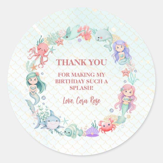Under the Sea Mermaid Girls Birthday Party Runder Aufkleber (Vorderseite)