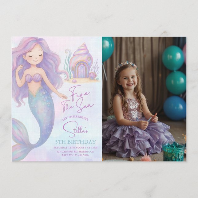 Under the Sea Mermaid Purple 5th Birthday Photo Einladung (Vorderseite)