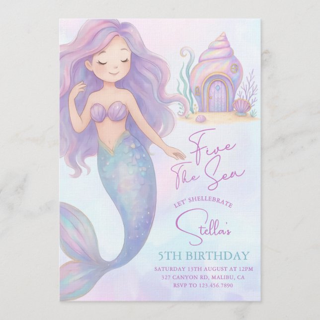 Under the Sea Mermaid Sea Purple Girl 5th Birthday Einladung (Vorderseite)