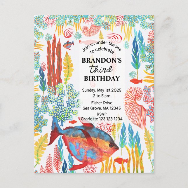 Under The Sea Ocean Animal watercolor Birthday  Einladungspostkarte (Vorderseite)