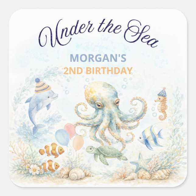 Under the Sea Ocean Animals Octopus Birthday Quadratischer Aufkleber (Vorderseite)