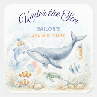 Under the Sea Ocean Animals Whale Birthday Quadratischer Aufkleber