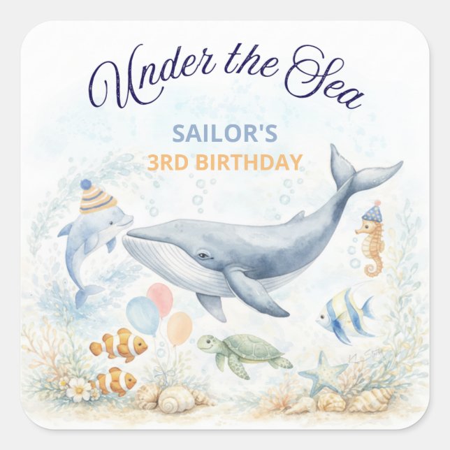 Under the Sea Ocean Animals Whale Birthday Quadratischer Aufkleber (Vorderseite)
