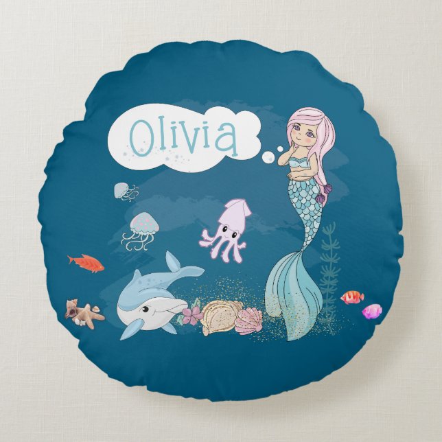 Under the Sea Sweet Mermaid Personalized Rundes Kissen (Vorderseite)