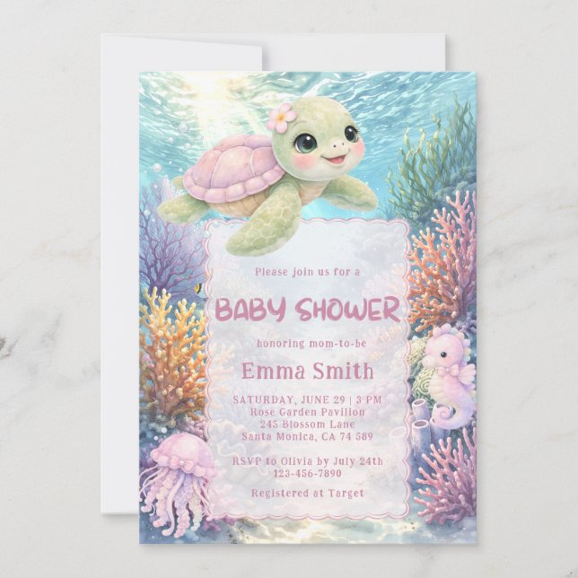 Under the Sea Turtle Girl Baby Shower Invitation Einladung (Vorderseite)