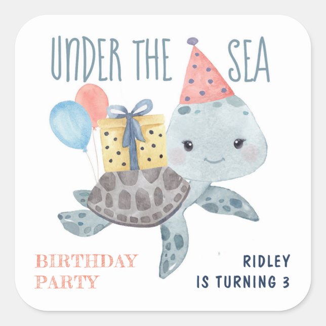 Under The Sea Turtle Kids Beach Birthday  Quadratischer Aufkleber (Vorderseite)