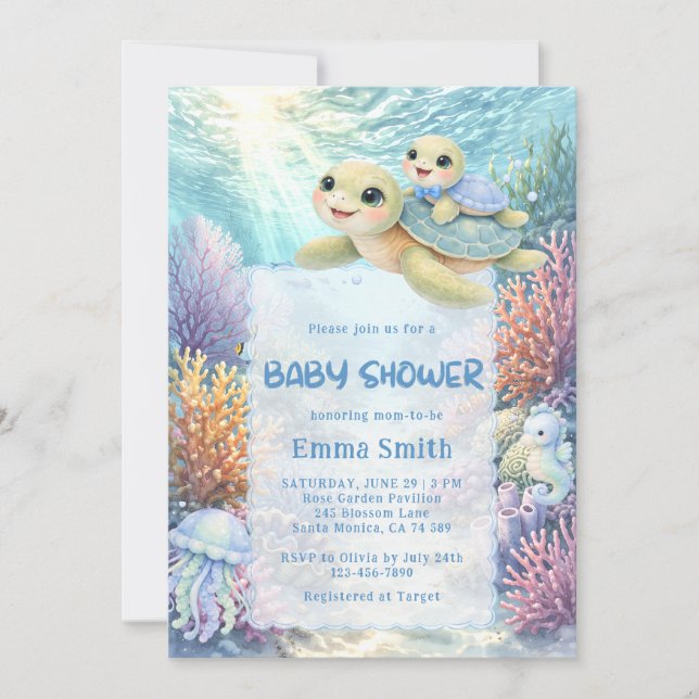 Under the Sea Turtle Mom & Baby Boy Baby Shower Einladung (Vorderseite)