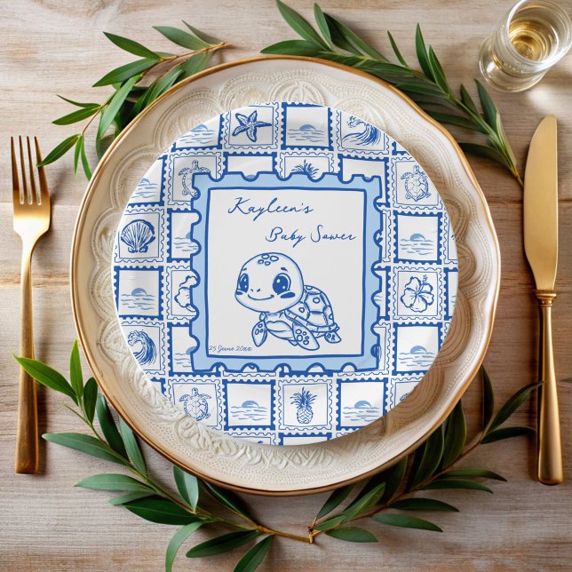 Under the sea turtle retro post stamp monogrammed pappteller (Under the sea turtle retro post stamp turtle baby shower monogrammed paper plates personalized decor)