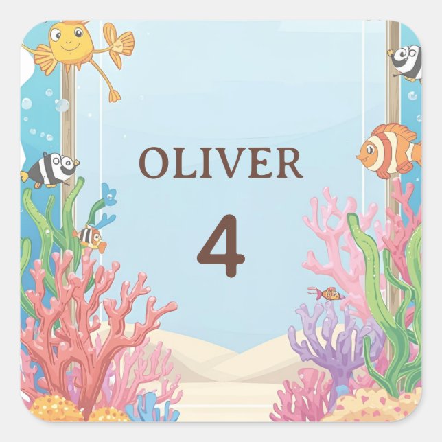 Under the Sea Waterproof Labels, Oliver Name Label Quadratischer Aufkleber (Vorderseite)