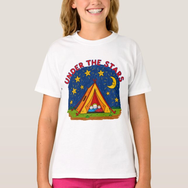 Under the Stars Kids Camping Drawing T-Shirt (Vorderseite)
