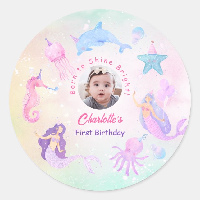  Undersea Mermaid Girl 1st Birthday Party  Runder Aufkleber (Vorderseite)