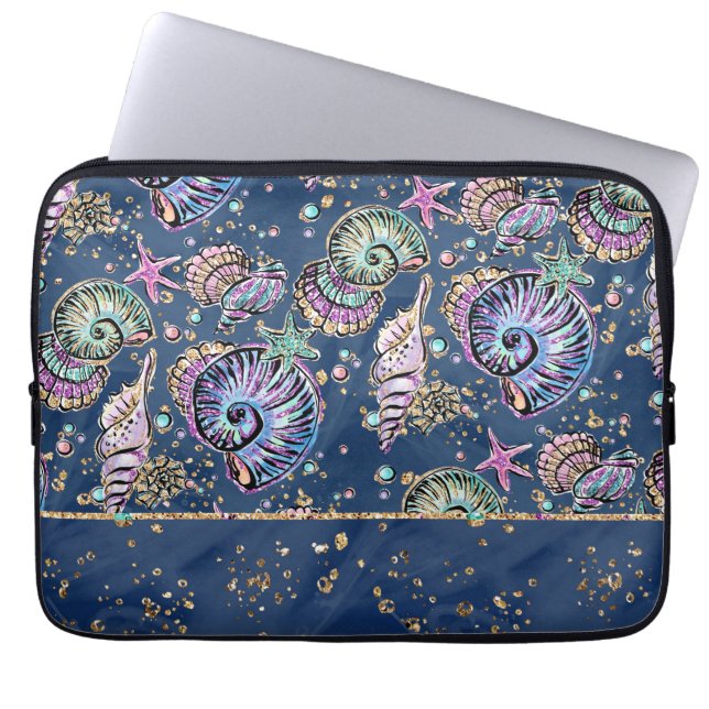 Underwater Blue Luxe | Pastel Gold Seashells Laptopschutzhülle (Vorderseite)