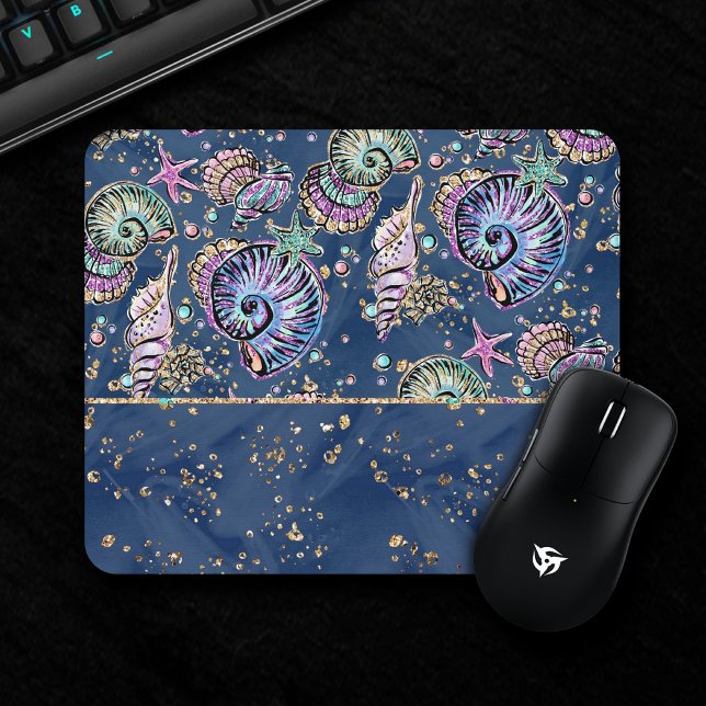 Underwater Blue Luxe | Pastel Gold Seashells Mousepad (Von Creator hochgeladen)