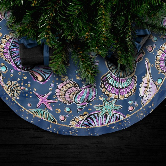 Underwater Blue Luxe | Pastel Gold Seashells Polyester Weihnachtsbaumdecke (Von Creator hochgeladen)