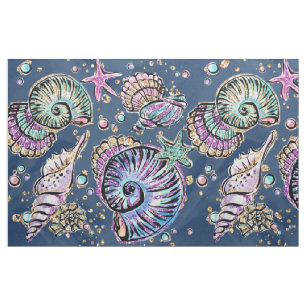 Underwater Blue Luxe   Pastel Gold Seashells Stoff