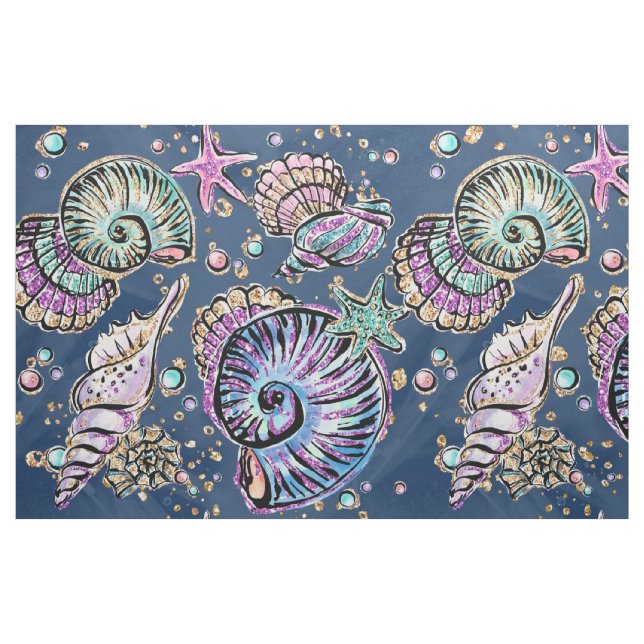 Underwater Blue Luxe | Pastel Gold Seashells Stoff (Fat Quarter (45,7 x 55,9 cm))