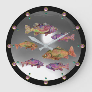 UNDERWATER,COLORFUL RAINBOW TROUTS White Pink Gem Große Wanduhr