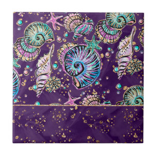 Underwater Lila Luxe   Dark Pastel Gold Sea Life Fliese