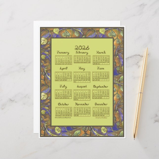 Undulating Leaves Border 2026 Calendar Paper Sheet (Vorderseite/Rückseite Beispiel)