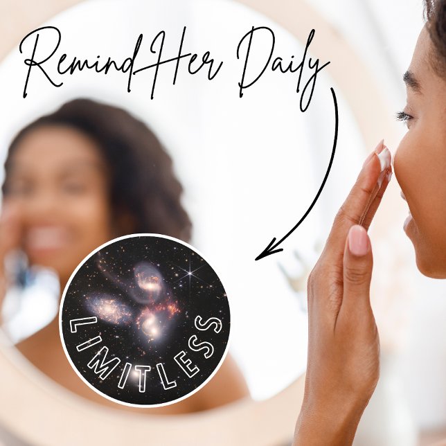 Uneingeschränkte Inspirationsrunde Fensteraufkleber (Webb Telescope Space Image with the positive affirmation "Limitless" on a vinyl cling.)