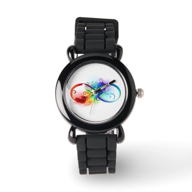 Unendliches Symbol mit Regenbogenfederhalter Armbanduhr (Vorderseite)