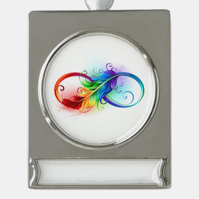Unendliches Symbol mit Regenbogenfederhalter Banner-Ornament Silber (Vorderseite)