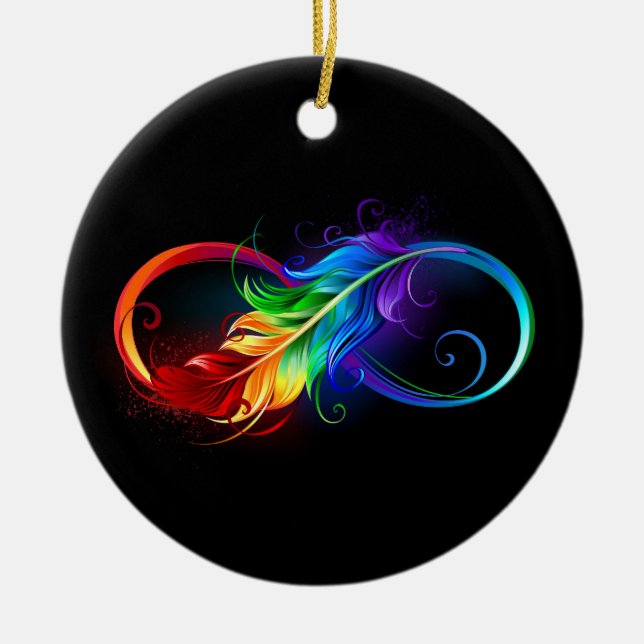 Unendliches Symbol mit Regenbogenfederhalter Keramik Ornament (Vorne)