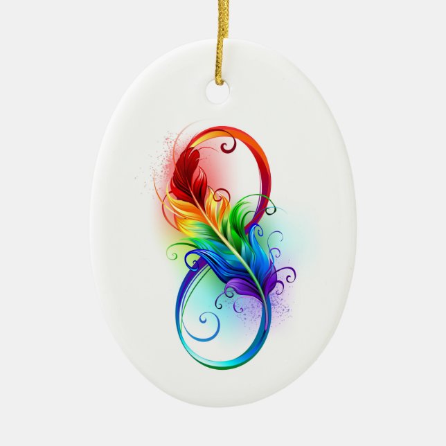 Unendliches Symbol mit Regenbogenfederhalter Keramik Ornament (Vorne)