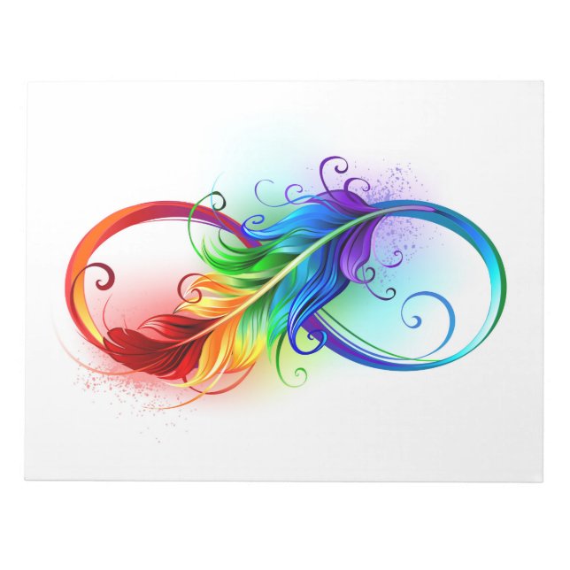 Unendliches Symbol mit Regenbogenfederhalter Notizblock (Vorderseite)