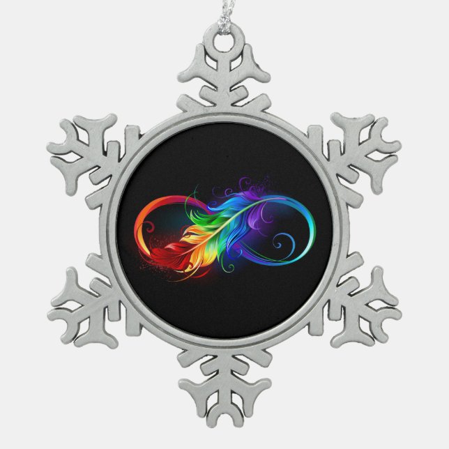 Unendliches Symbol mit Regenbogenfederhalter Schneeflocken Zinn-Ornament (Vorderseite)