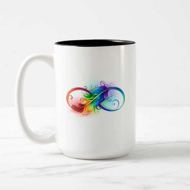 Unendliches Symbol mit Regenbogenfederhalter Zweifarbige Tasse (Links)